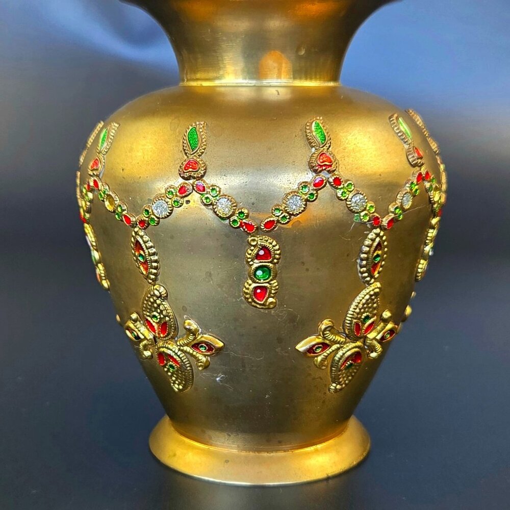 Antique Brass Vase – Enameled – India – 4" Across